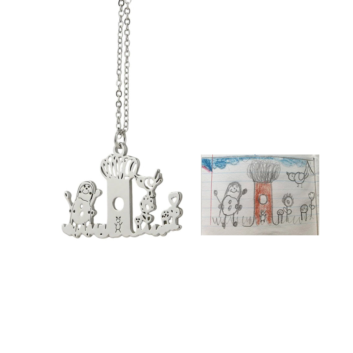 Custom Children's ArtworkPendant Necklace - Personalized with Your Child's Drawing in 925 Silver, 14K Gold, White Gold, or Pure Gold