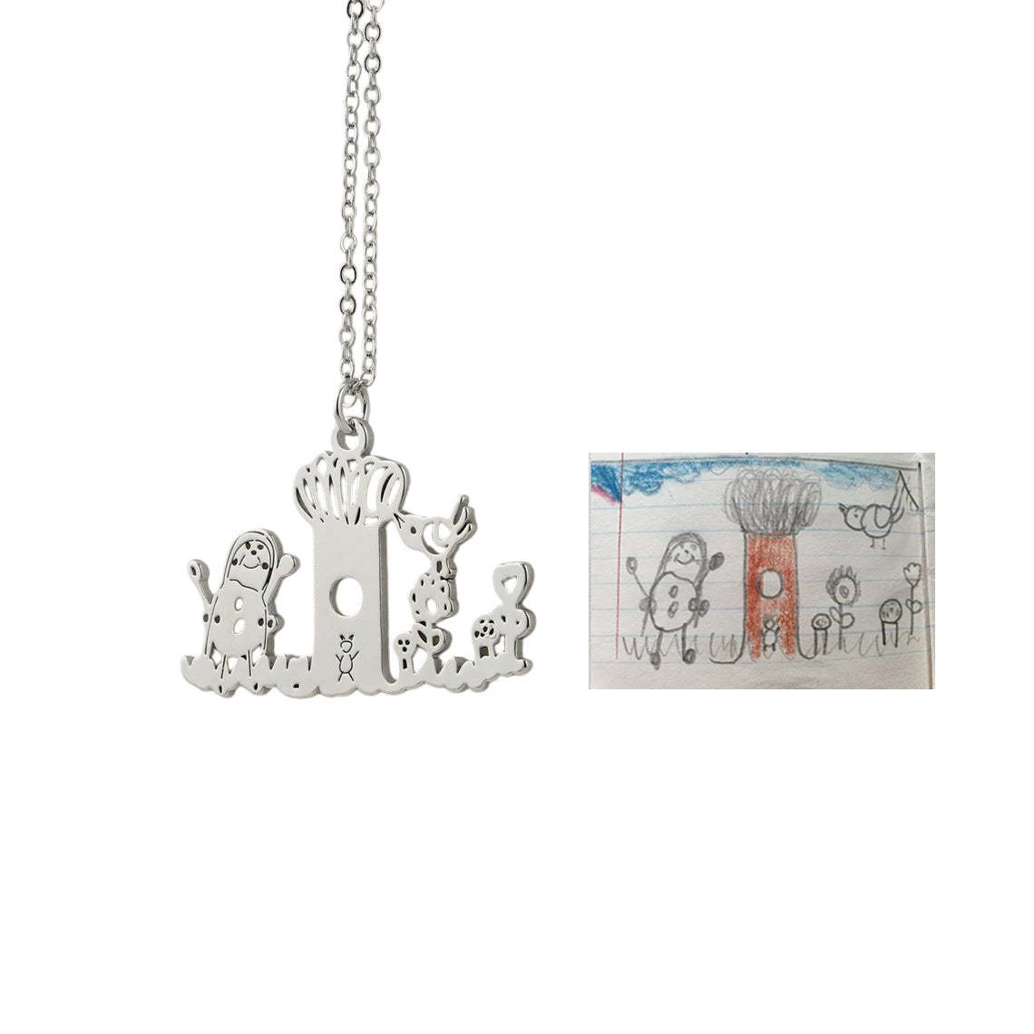 Custom Children's ArtworkPendant Necklace - Personalized with Your Child's Drawing in 925 Silver, 14K Gold, White Gold, or Pure Gold