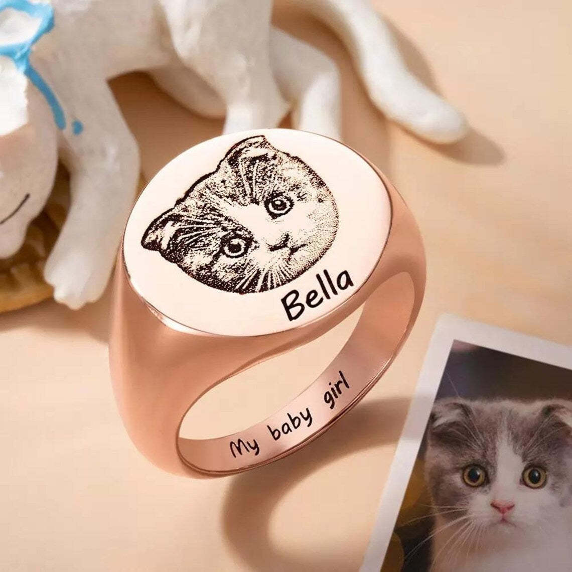 Custom Engraved Rose Gold Pet Portrait Ring – Personalized with Name and Image – Unique Gift for Pet Lovers