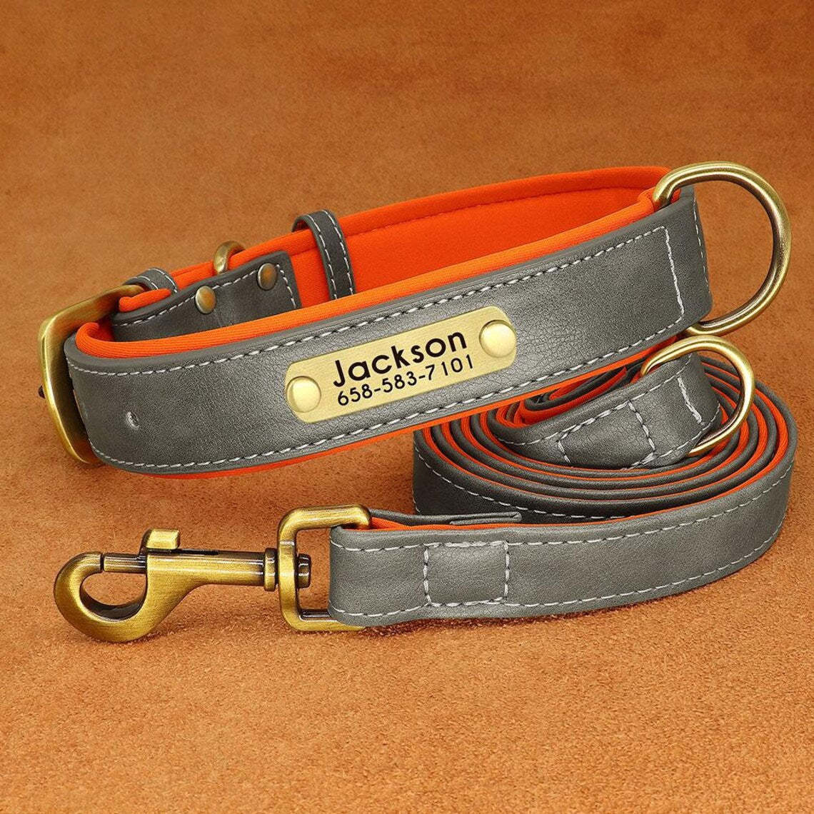 Leather Dog ID Collar Set