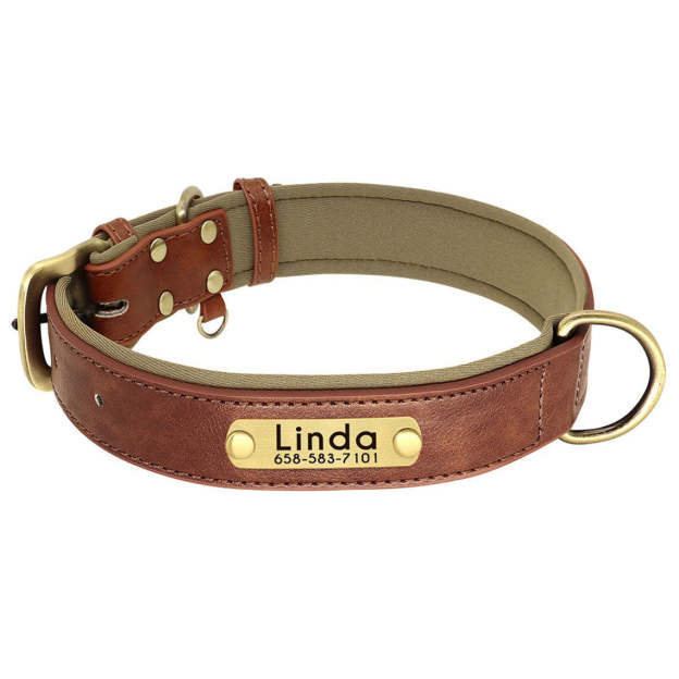 Custom PU Leather Dog ID Collar and Leash Set - Personalized with Name and Number, Available in Brown, Pink, Green, Rose Red