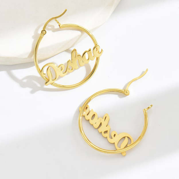 Personalized 14k Gold Hoop Earrings - Customize with Any Name. #14kGoldEarrings #PersonalizedJewelry #NameEarrings