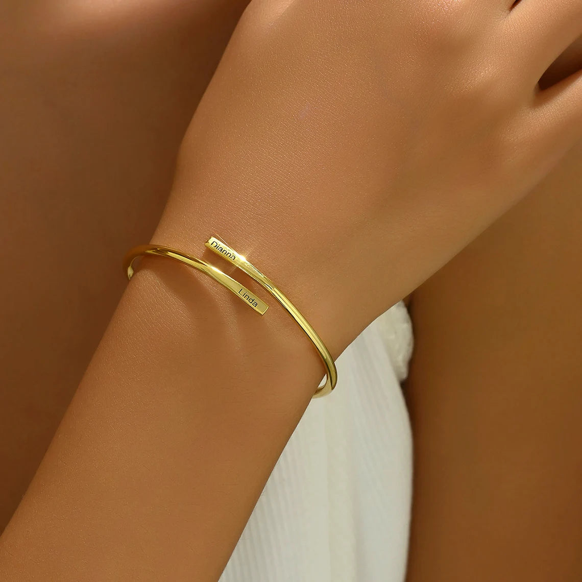 Personalized Gold Name Bar Bracelet – Custom Engraved Bangle with Two Name Plates | Elegant Gold Bangle Bracelet Gift for Women