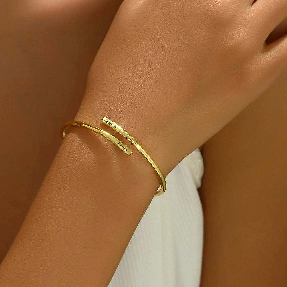 Personalized Gold Name Bar Bracelet – Custom Engraved Bangle with Two Name Plates | Elegant Gold Bangle Bracelet Gift for Women