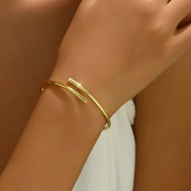Personalized Gold Name Bar Bracelet – Custom Engraved Bangle with Two Name Plates | Elegant Gold Bangle Bracelet Gift for Women