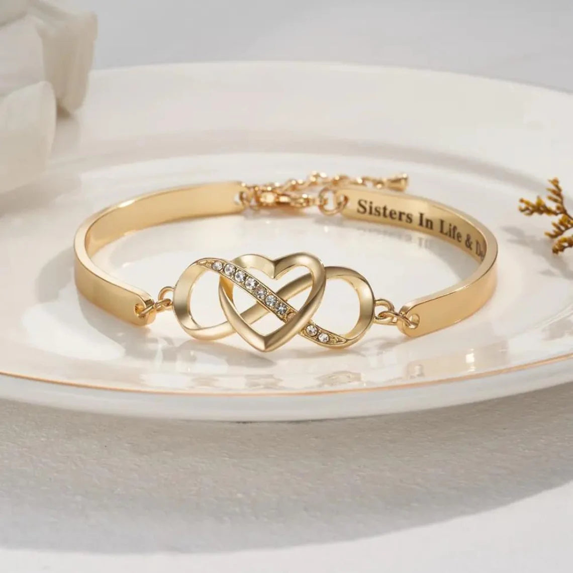 Custom Engraved 14K Gold Heart Infinity Bracelet – Personalized Charm Bangle with Diamond Accents – Elegant Gift for Her
