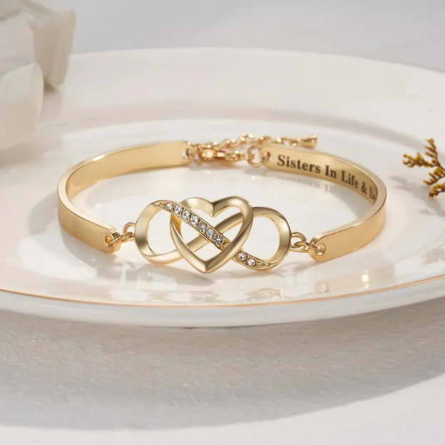 Custom Engraved 14K Gold Heart Infinity Bracelet – Personalized Charm Bangle with Diamond Accents – Elegant Gift for Her