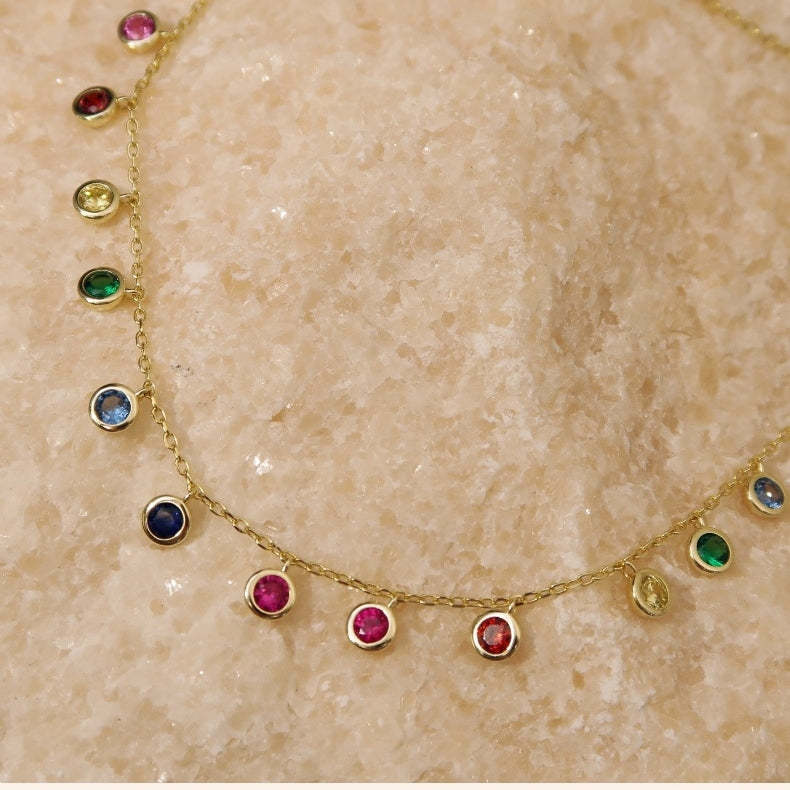 S925 Sterling Silver Multicolor Gemstone Necklace - Customize with Your Choice of Birthstones in Elegant Gold Plating