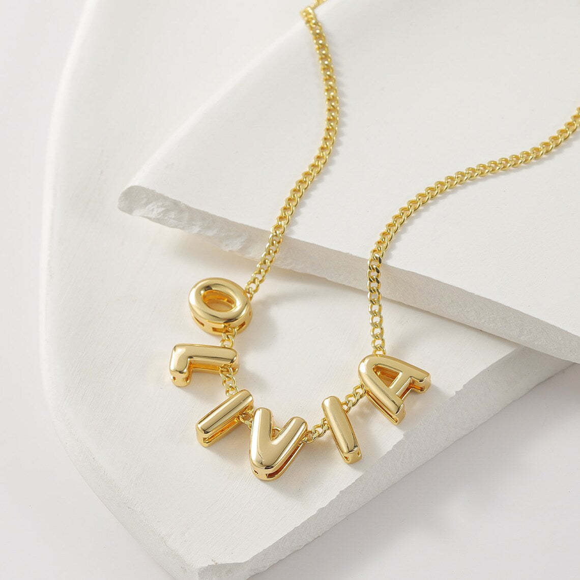Custom Engraved 14K Gold 3D Bubble Name Necklace – Personalized Jewelry with Unique Textured Design – Perfect Gift for Her