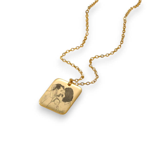 Wear Your Family Close to Your Heart - Custom Engraved Gold Family Portrait Necklace. #FamilyPortraitNecklace #GoldEngravedJewelry #CustomFamilyGift