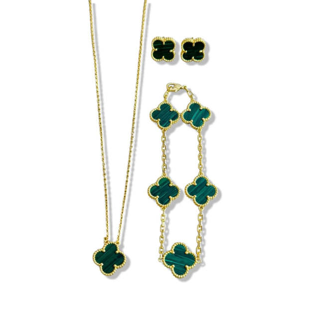 gant Malachite Clover Jewelry Set – 18K Gold Plated Four-Leaf Clover Necklace, Bracelet & Earrings | Green Stone Lucky Charm Gift for Women