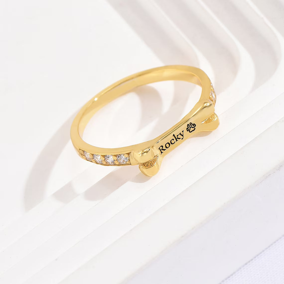 Custom Gold-Tone Dog Bone Ring - Personalized with Your Pet's Name. #PetNameRing #DogBoneRing #GoldToneJewelry