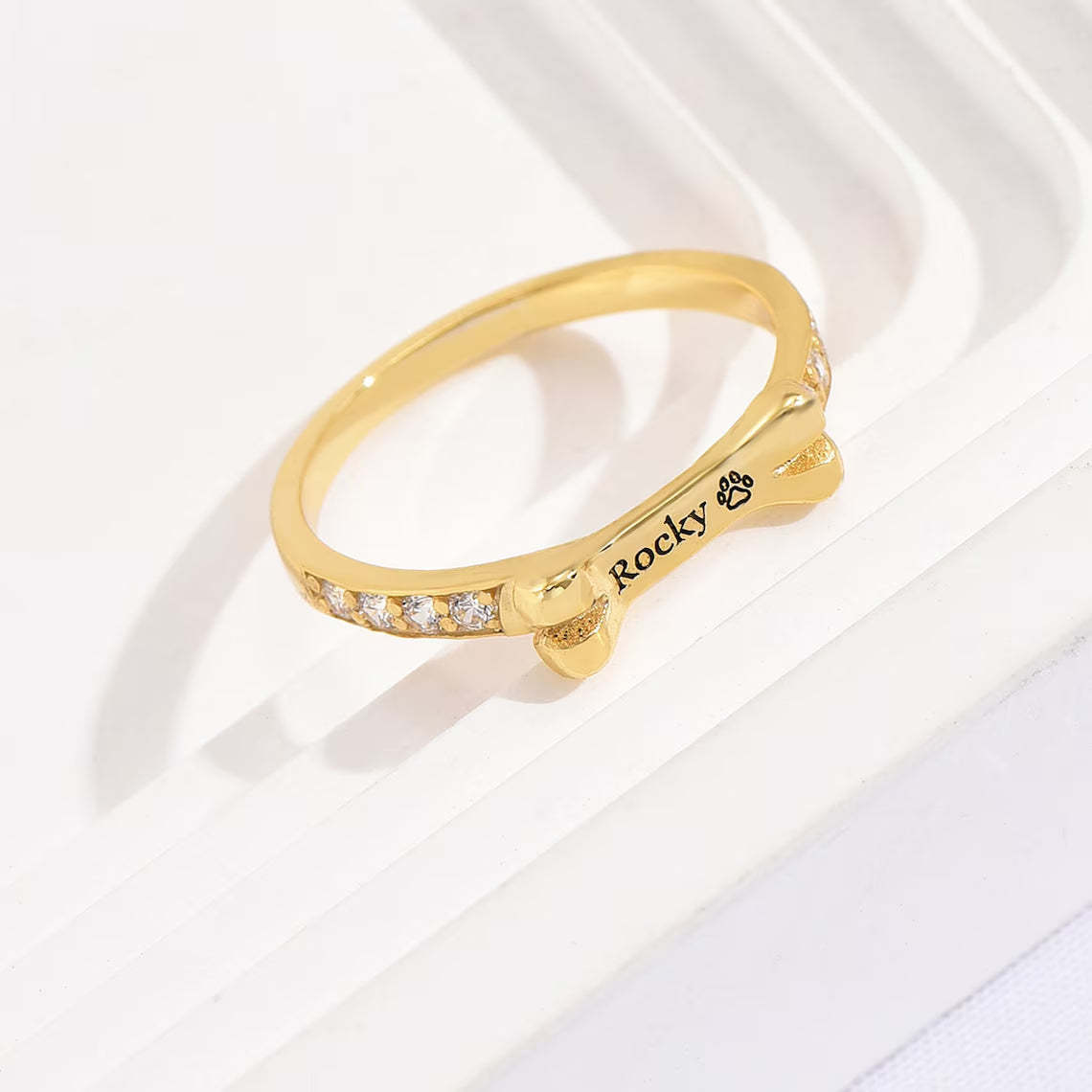 Custom Gold-Tone Dog Bone Ring - Personalized with Your Pet's Name. #PetNameRing #DogBoneRing #GoldToneJewelry