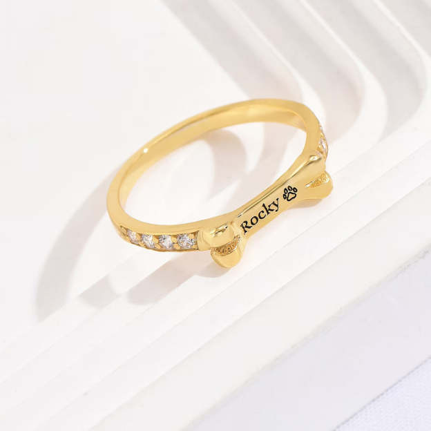 Custom Gold-Tone Dog Bone Ring - Personalized with Your Pet's Name. #PetNameRing #DogBoneRing #GoldToneJewelry