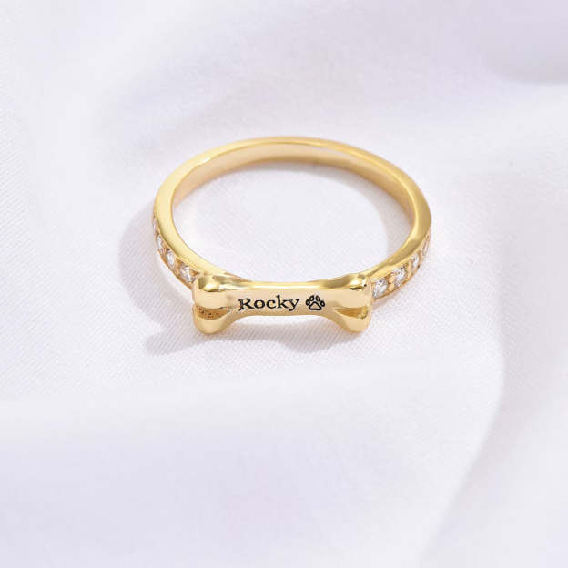 Custom Gold-Tone Dog Bone Ring - Personalized with Your Pet's Name. #PetNameRing #DogBoneRing #GoldToneJewelry