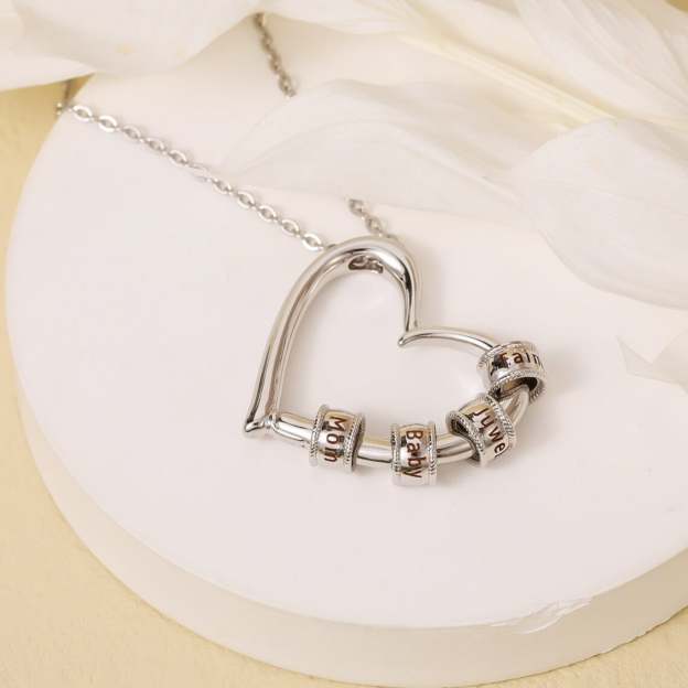 Custom Engraved 14K White Gold Heart Necklace – Personalized Name Beads – Elegant Gift for Her