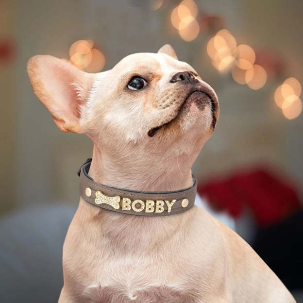 "Your Pet's Name in Style - Personalized Dog Collar with Bone and Rhinestone Accents. #PersonalizedDogCollar #PetNameCollar #DogFashion