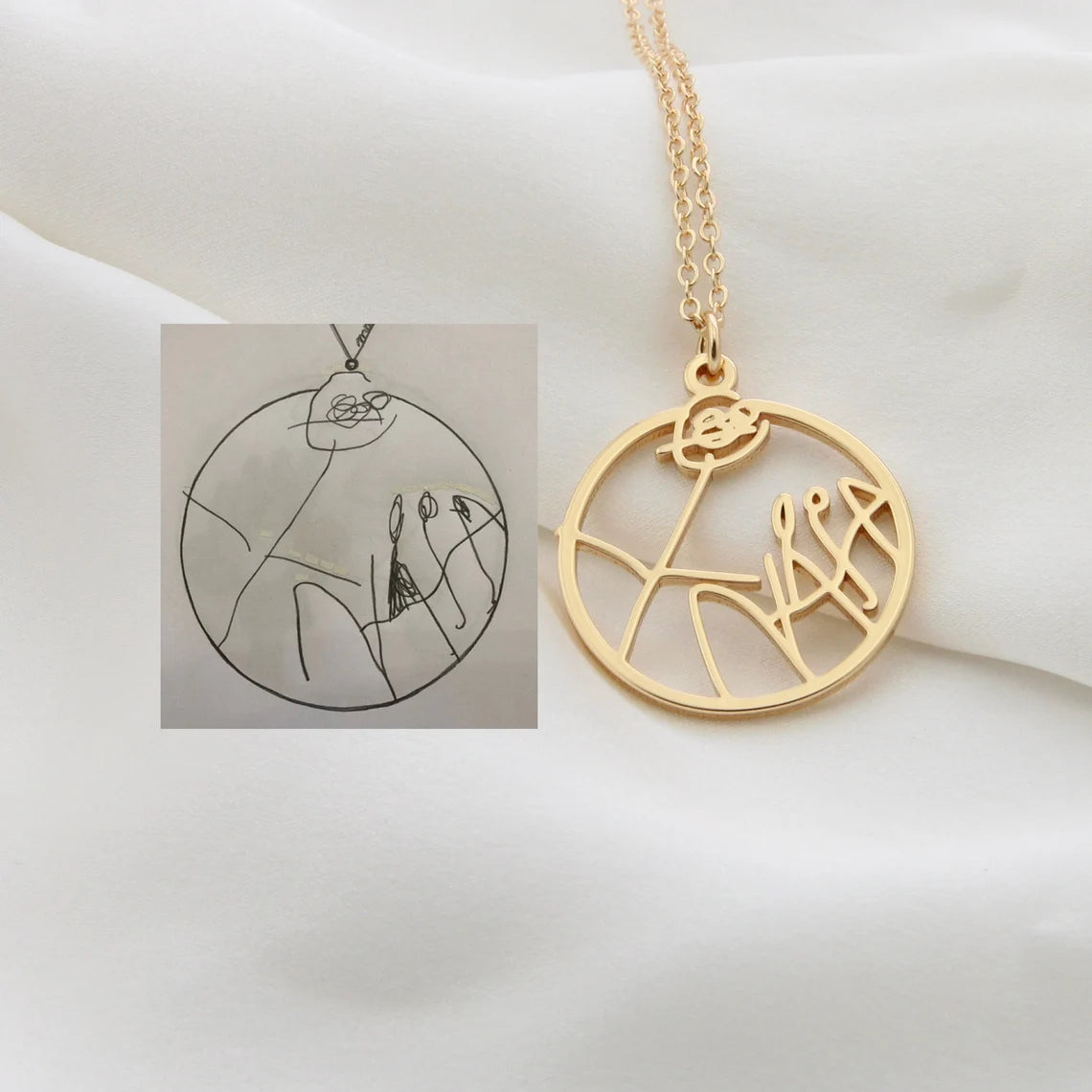 Custom Children's ArtworkPendant Necklace - Personalized with Your Child's Drawing in 925 Silver, 14K Gold, White Gold, or Pure Gold