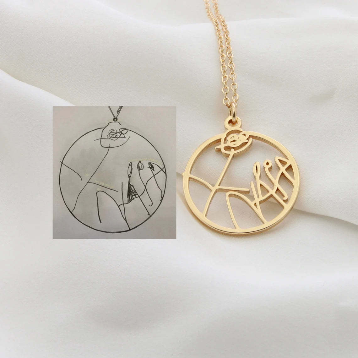 Custom Children's ArtworkPendant Necklace - Personalized with Your Child's Drawing in 925 Silver, 14K Gold, White Gold, or Pure Gold