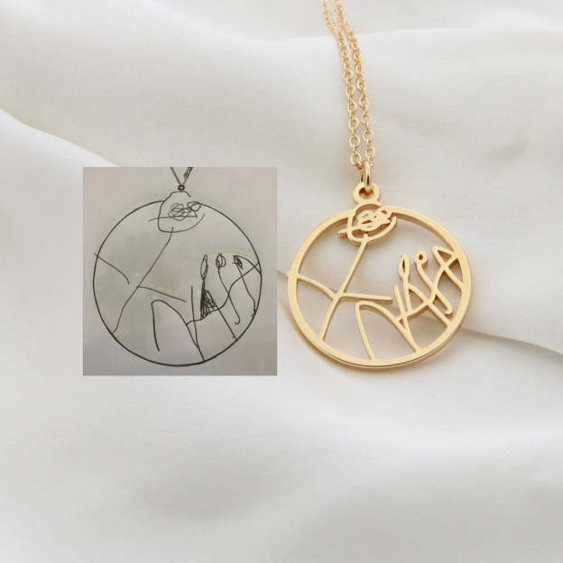 Custom Children's ArtworkPendant Necklace - Personalized with Your Child's Drawing in 925 Silver, 14K Gold, White Gold, or Pure Gold