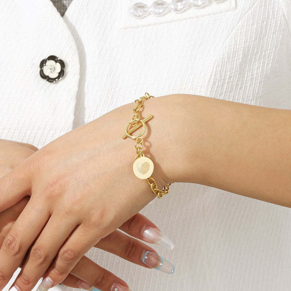Cherish Life's Moments - Gold-Tone Fingerprint Bracelet, a Personal Touch. #FingerprintBracelet #GoldJewelry #PersonalizedGift