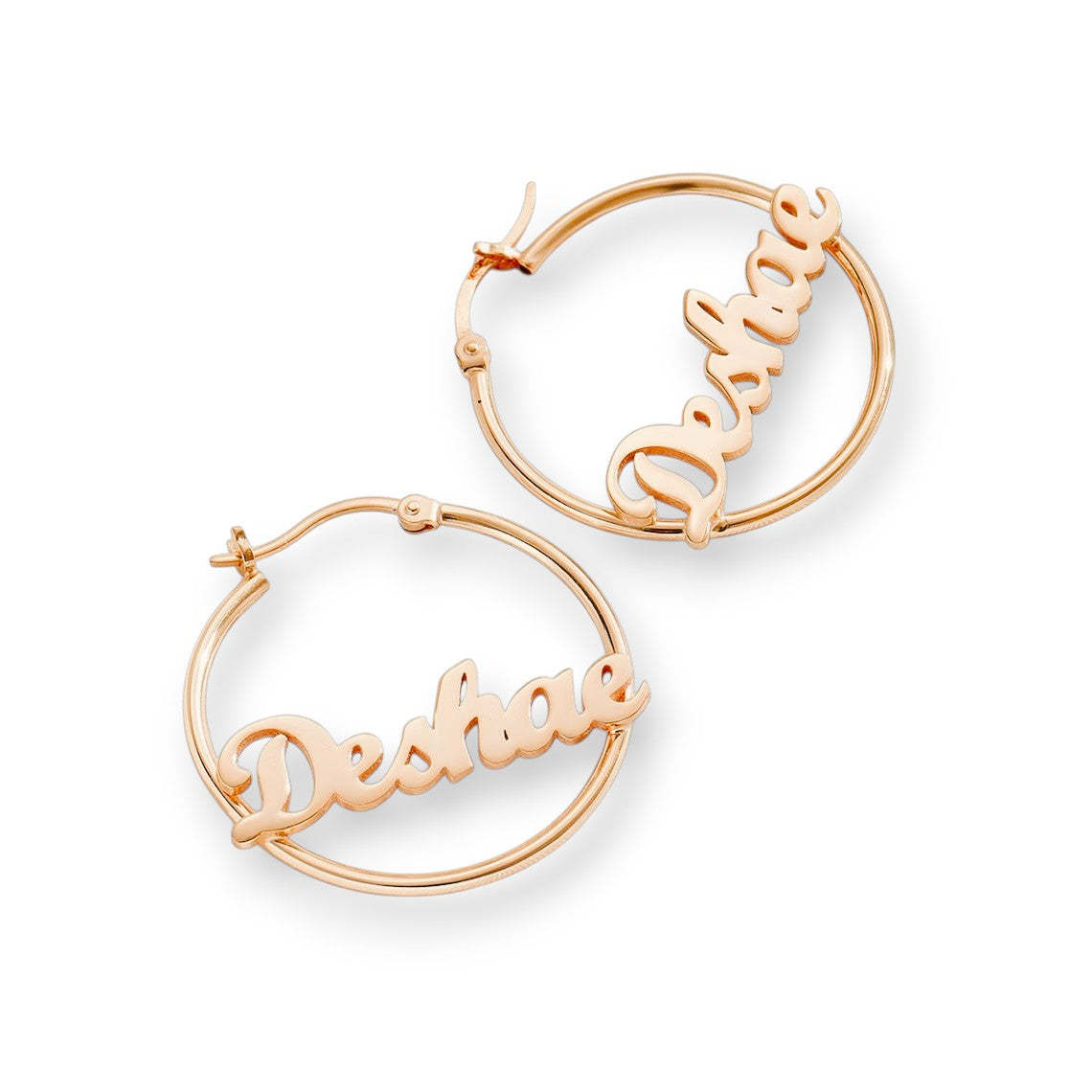 Custom Name 14k Rose Gold Hoop Earrings - Personalized for You. #PersonalizedEarrings #RoseGoldJewelry #NameHoopEarrings