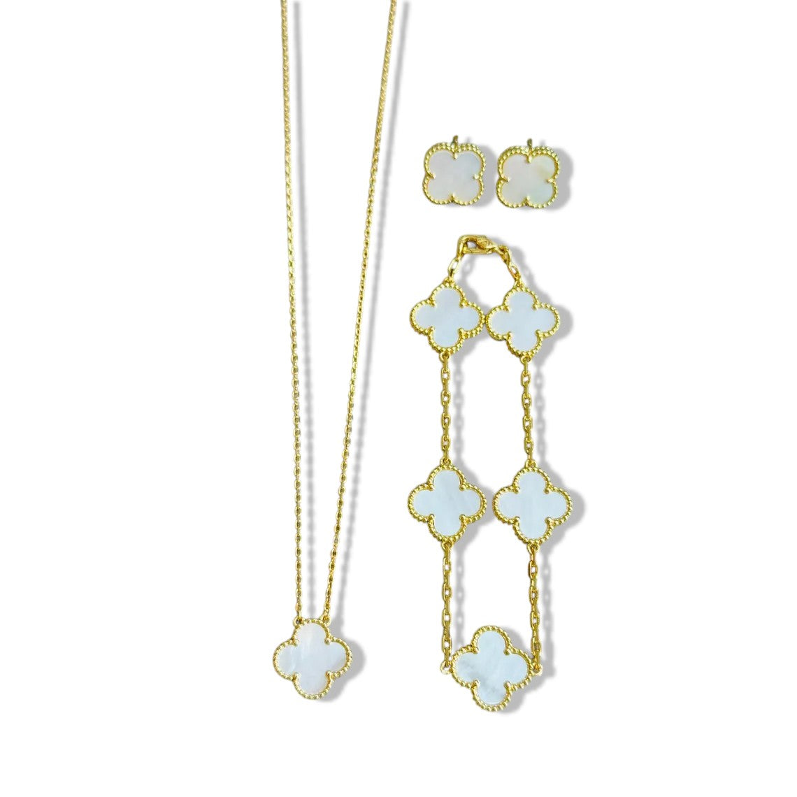 Exquisite 14K Gold-Plated Four-Leaf Clover Jewelry Set: White Centered Necklace, Earrings & Bracelet - Symbol of Luck and Elegance for the Modern Woman