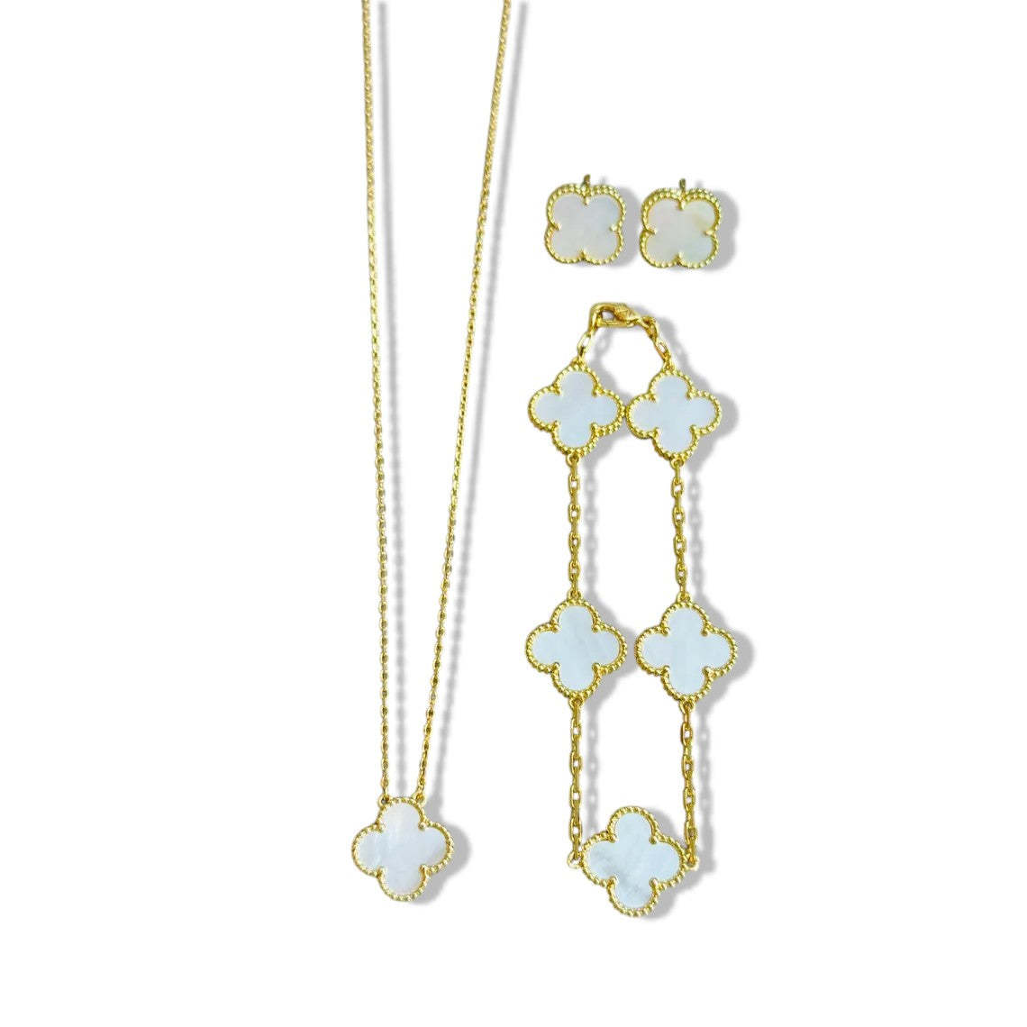 Exquisite 14K Gold-Plated Four-Leaf Clover Jewelry Set: White Centered Necklace, Earrings & Bracelet - Symbol of Luck and Elegance for the Modern Woman