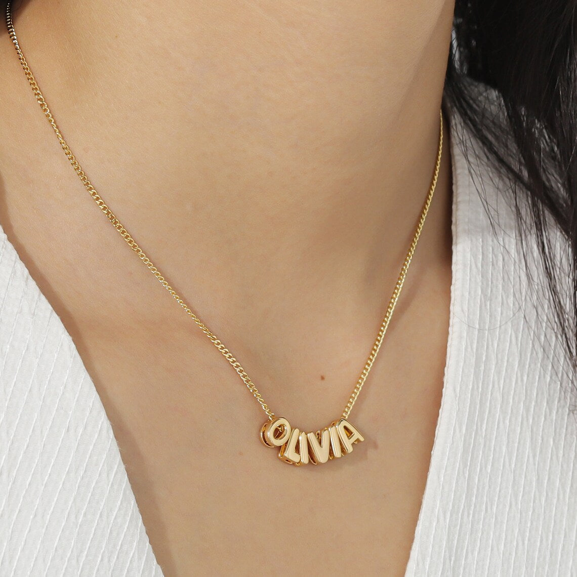 Custom Engraved 14K Gold 3D Bubble Name Necklace – Personalized Jewelry with Unique Textured Design – Perfect Gift for Her