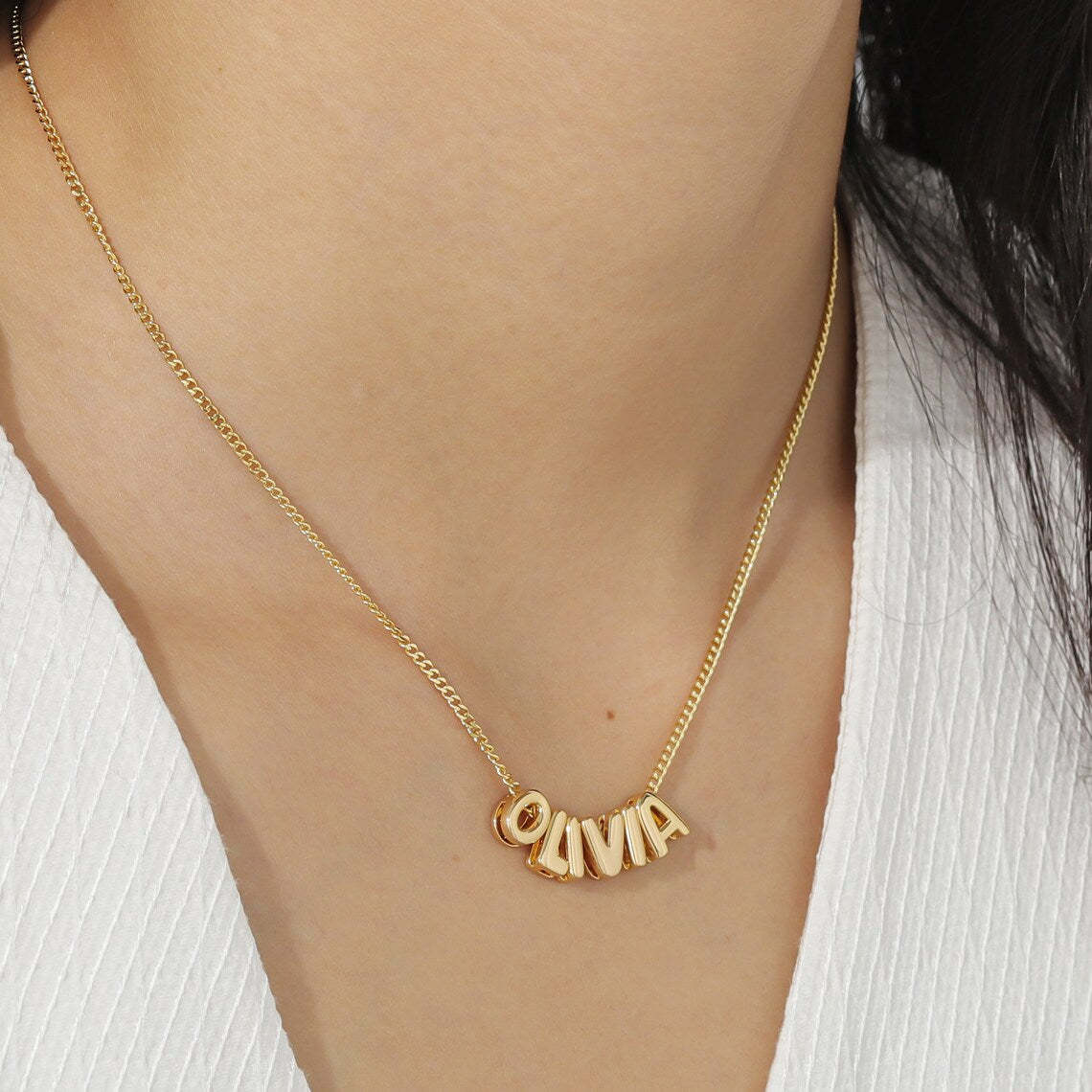 Custom Engraved 14K Gold 3D Bubble Name Necklace – Personalized Jewelry with Unique Textured Design – Perfect Gift for Her