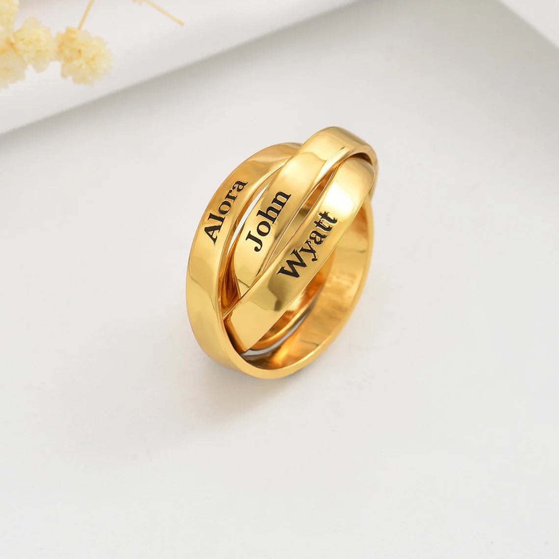 Custom Triple Band Name Ring - Personalized with 3 Names in 14K and 18K Gold Plated & Solid
