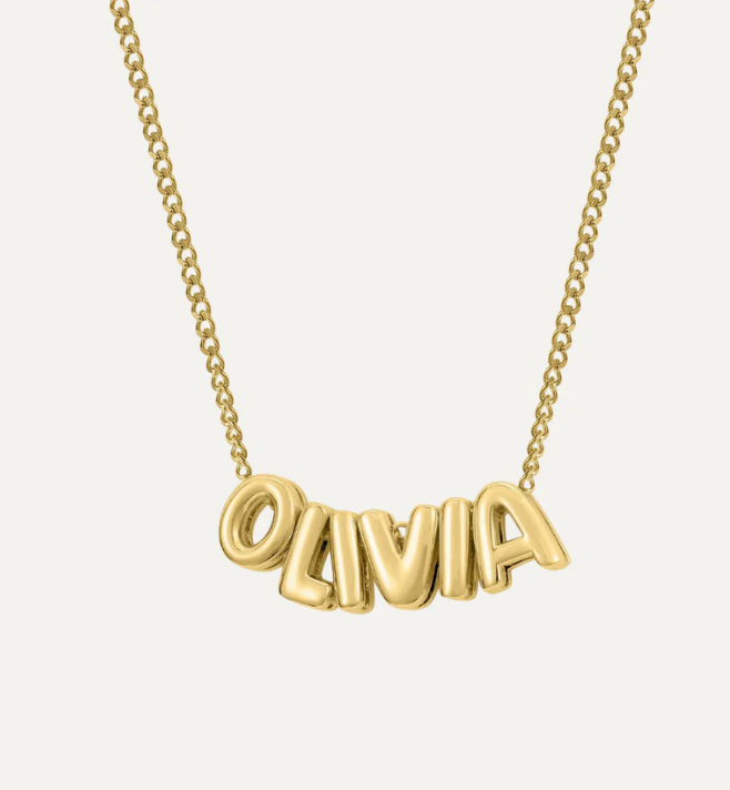 Custom Engraved 14K Gold 3D Bubble Name Necklace – Personalized Jewelry with Unique Textured Design – Perfect Gift for Her
