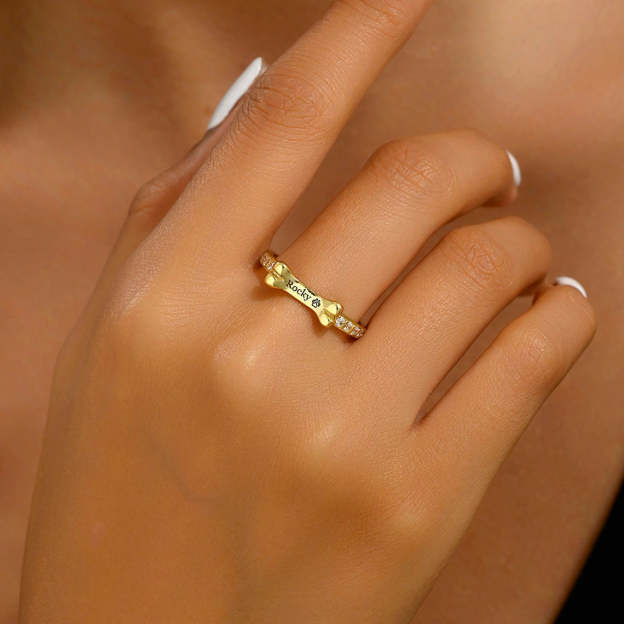 Custom Gold-Tone Dog Bone Ring - Personalized with Your Pet's Name. #PetNameRing #DogBoneRing #GoldToneJewelry