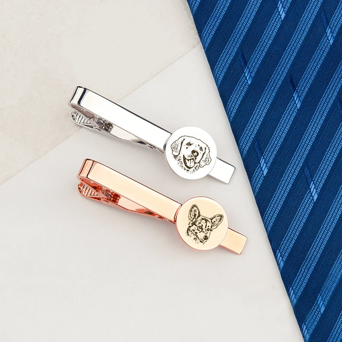Personalized Pet Portrait Tie Clips - Silver and Rose Gold