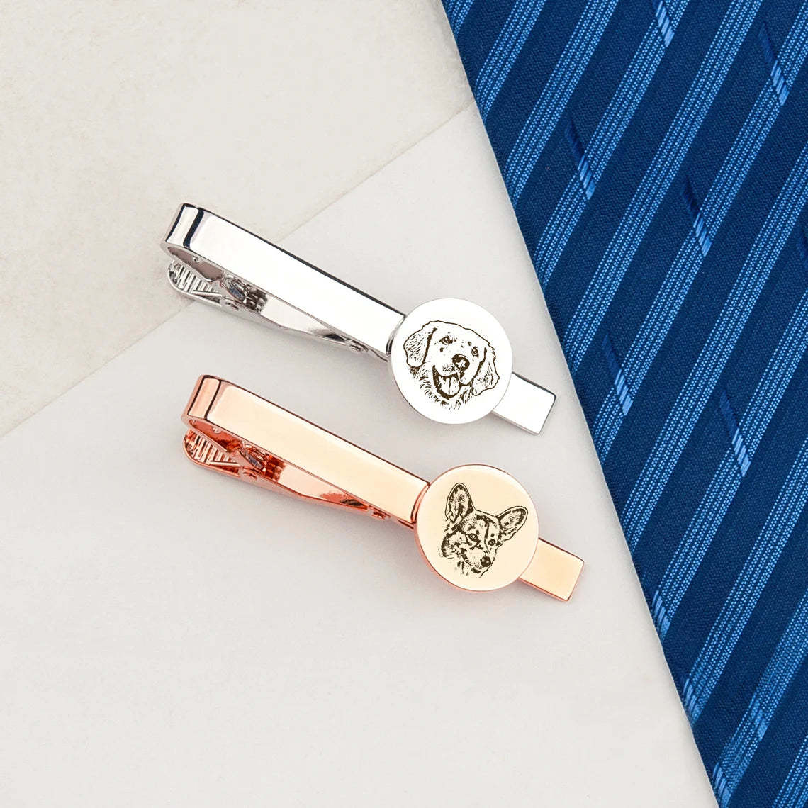 Personalized Pet Portrait Tie Clips - Silver and Rose Gold