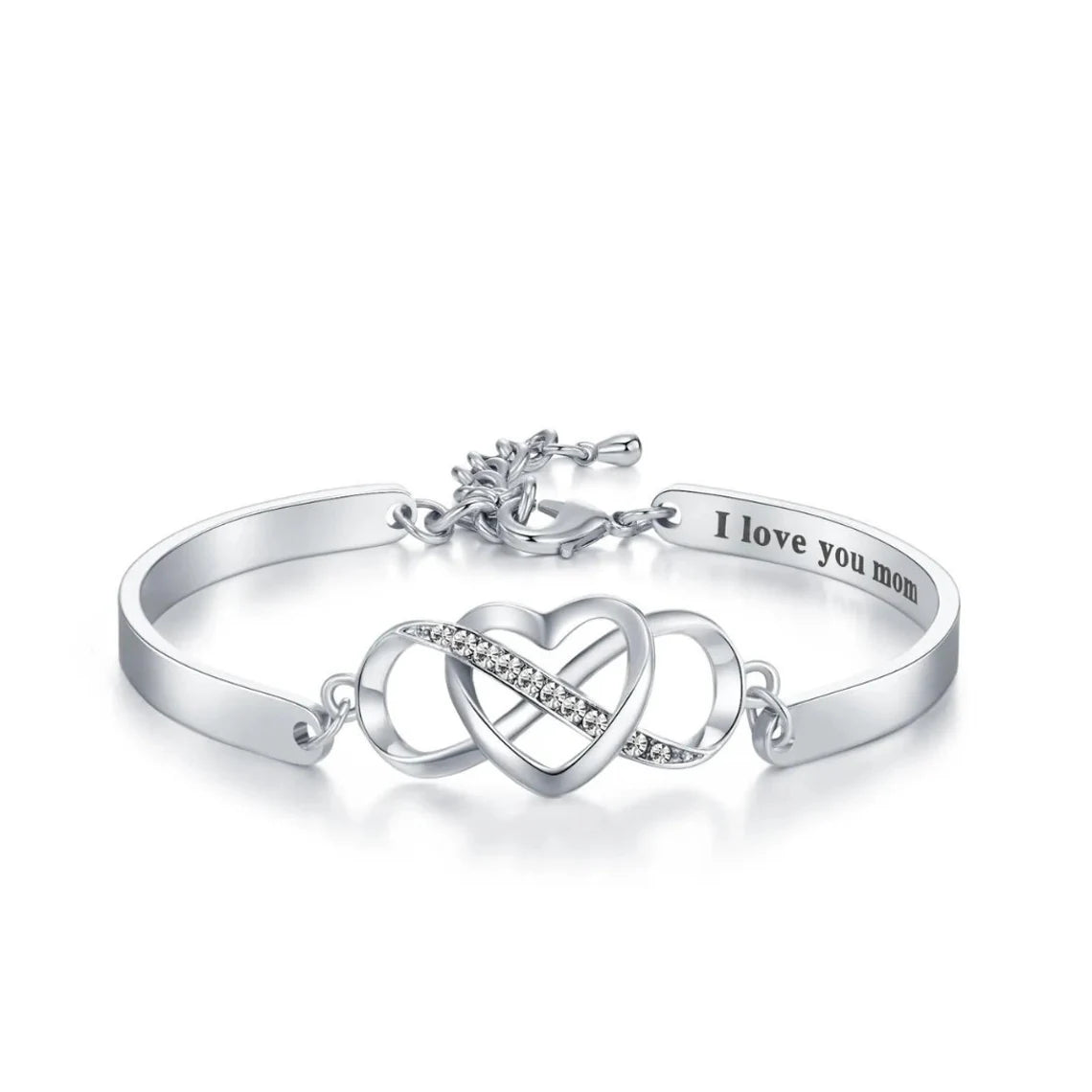 Custom Engraved 14K Gold Heart Infinity Bracelet – "I Love You Mom" Personalized Charm Bangle – Elegant Gift for Mother's Day