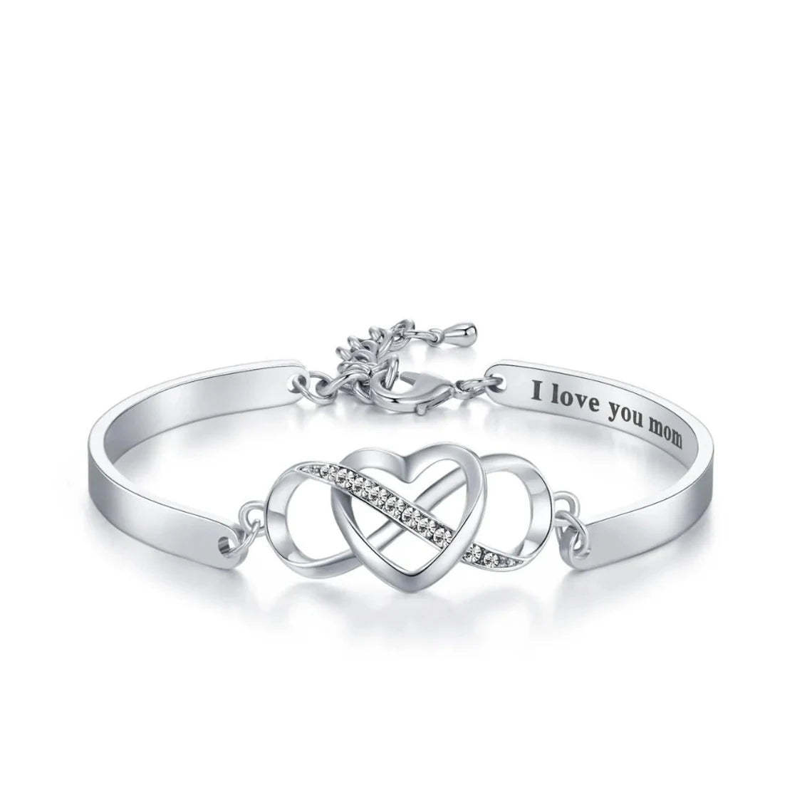 Custom Engraved 14K Gold Heart Infinity Bracelet – "I Love You Mom" Personalized Charm Bangle – Elegant Gift for Mother's Day