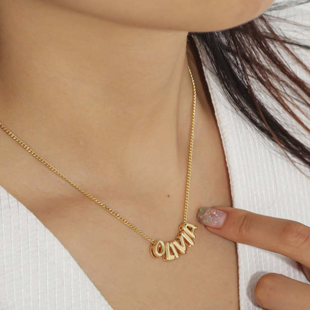 Custom Engraved 14K Gold 3D Bubble Name Necklace – Personalized Jewelry with Unique Textured Design – Perfect Gift for Her