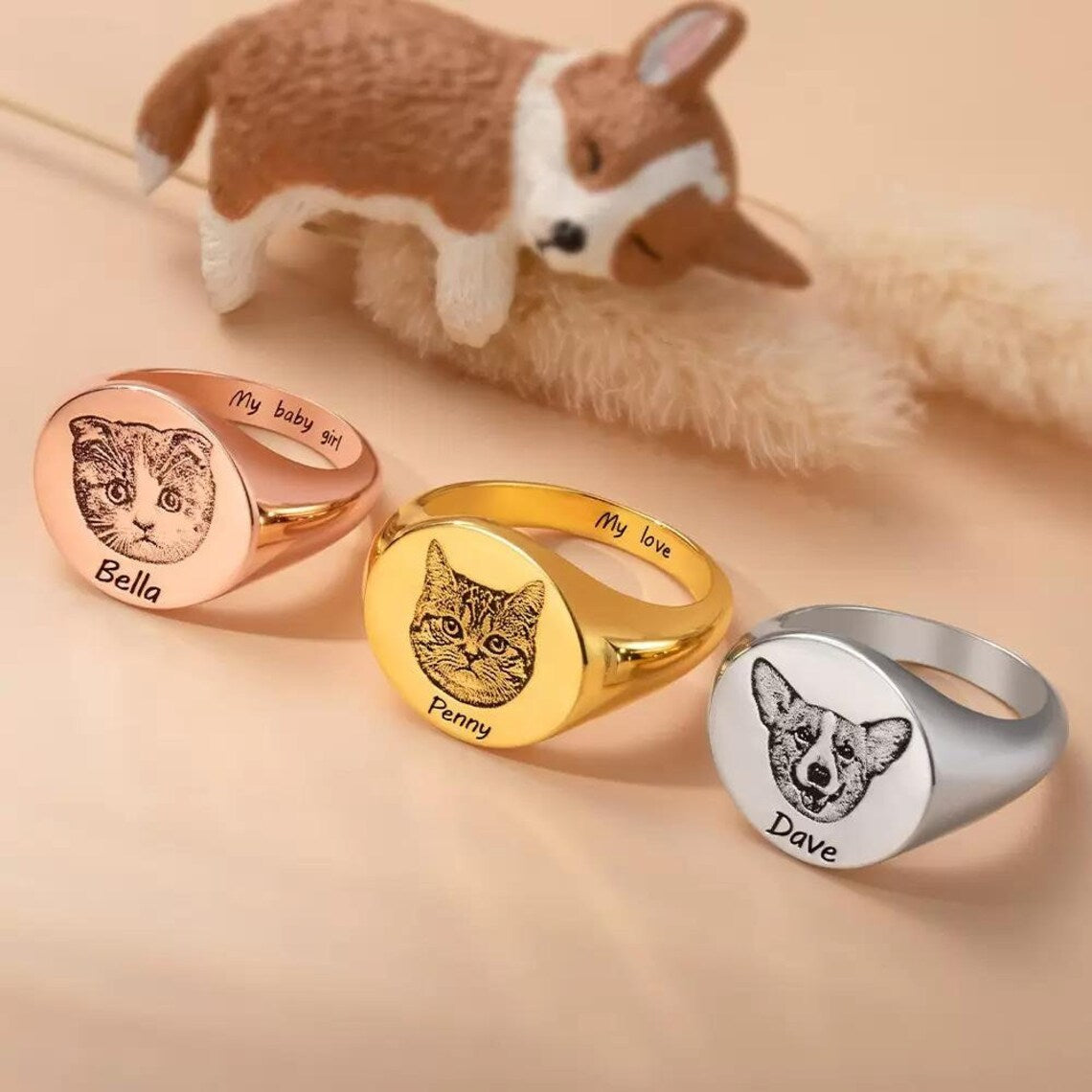 Custom Engraved Pet Portrait Ring – Personalized with Name and Image – Unique Gift for Pet Lovers