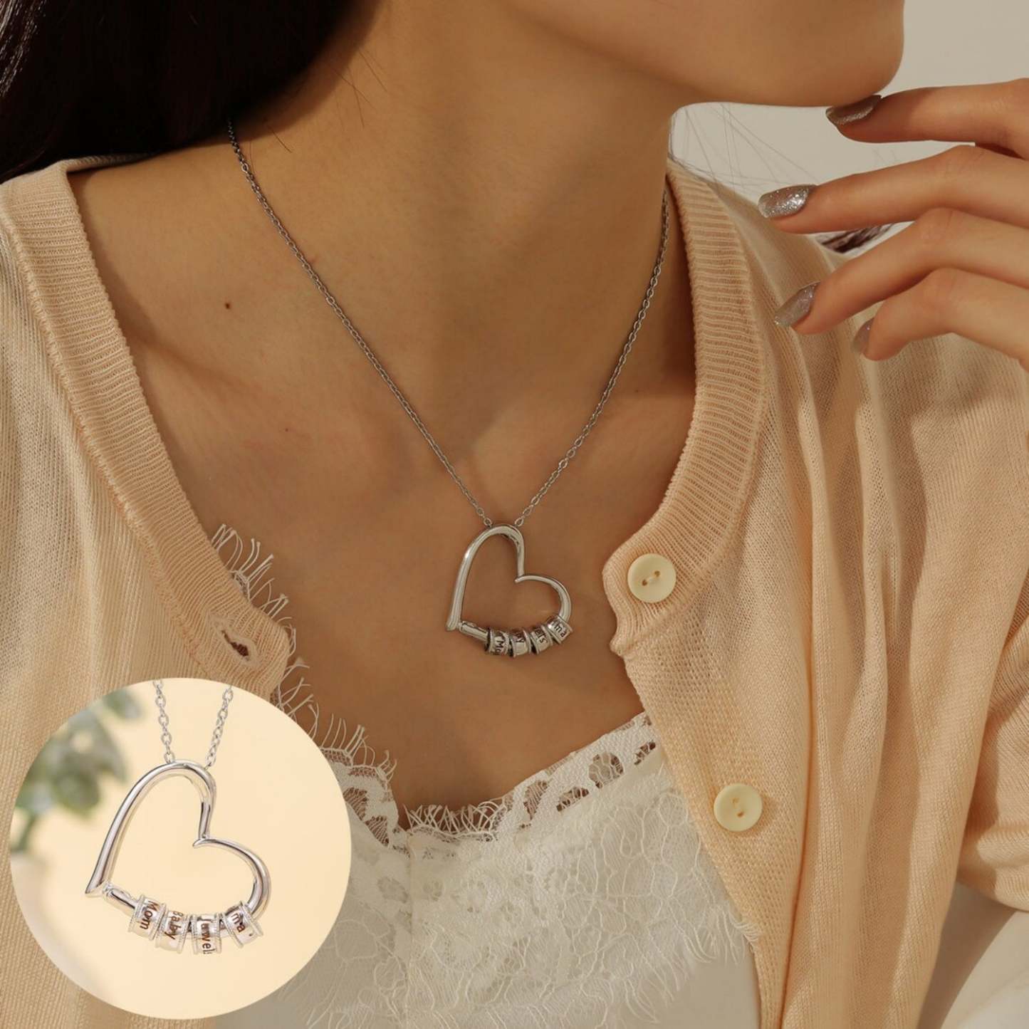 Custom Engraved 14K White Gold Heart Necklace – Personalized Name Beads – Elegant Gift for Her