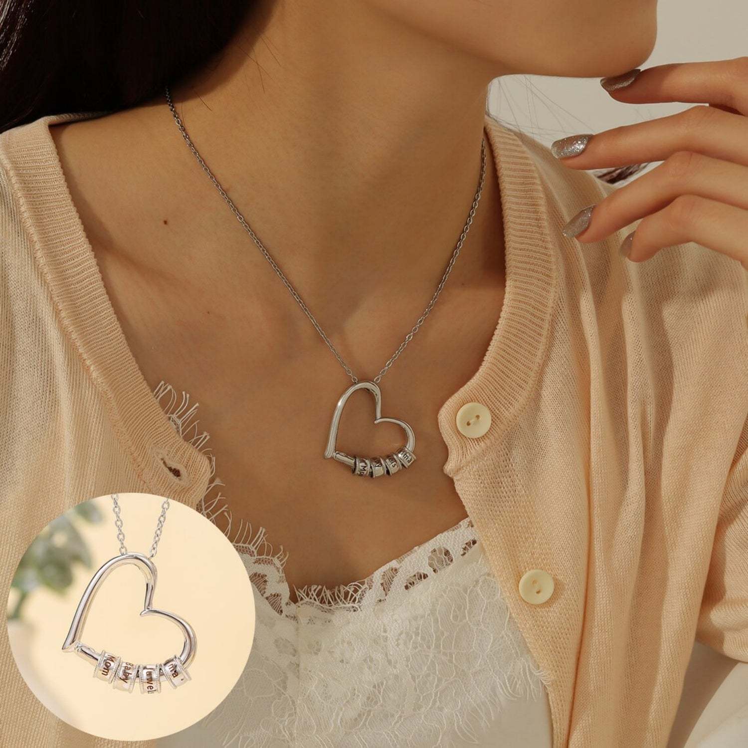 Custom Engraved 14K White Gold Heart Necklace – Personalized Name Beads – Elegant Gift for Her