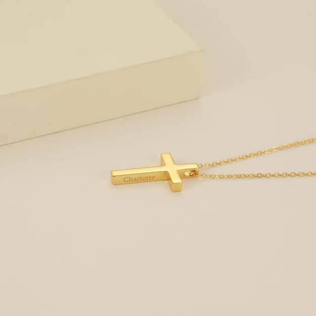 Personalized Gold Cross Necklace – Custom Engraved 18K Gold Plated Christian Cross Pendant Necklace for Women