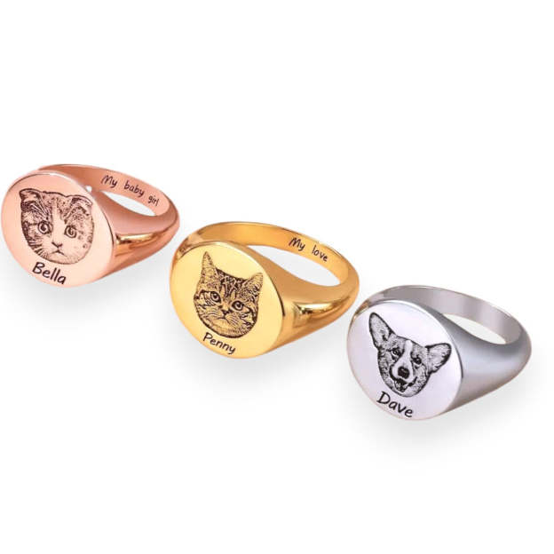 Custom Engraved Pet Portrait Ring – Personalized with Name and Image – Unique Gift for Pet Lovers