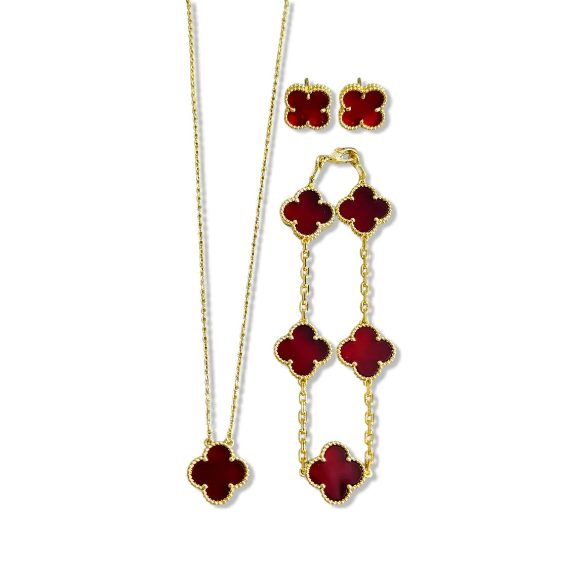 Elegant Ruby Red Four-Leaf Clover Jewelry Set – 18K Gold Plated Necklace, Bracelet & Earrings | Red Stone Lucky Charm Gift for Women