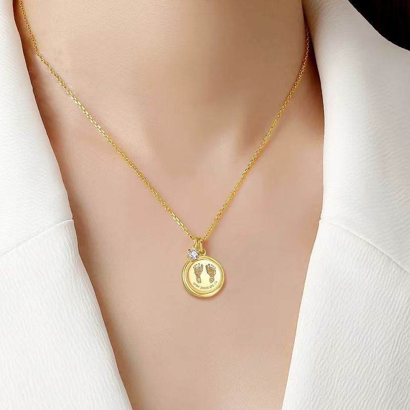 Custom Engraved 14K Gold Baby Footprint Necklace - Available in 925 Silver, 14K Yellow, Rose, and White Gold, Perfect for New Parents