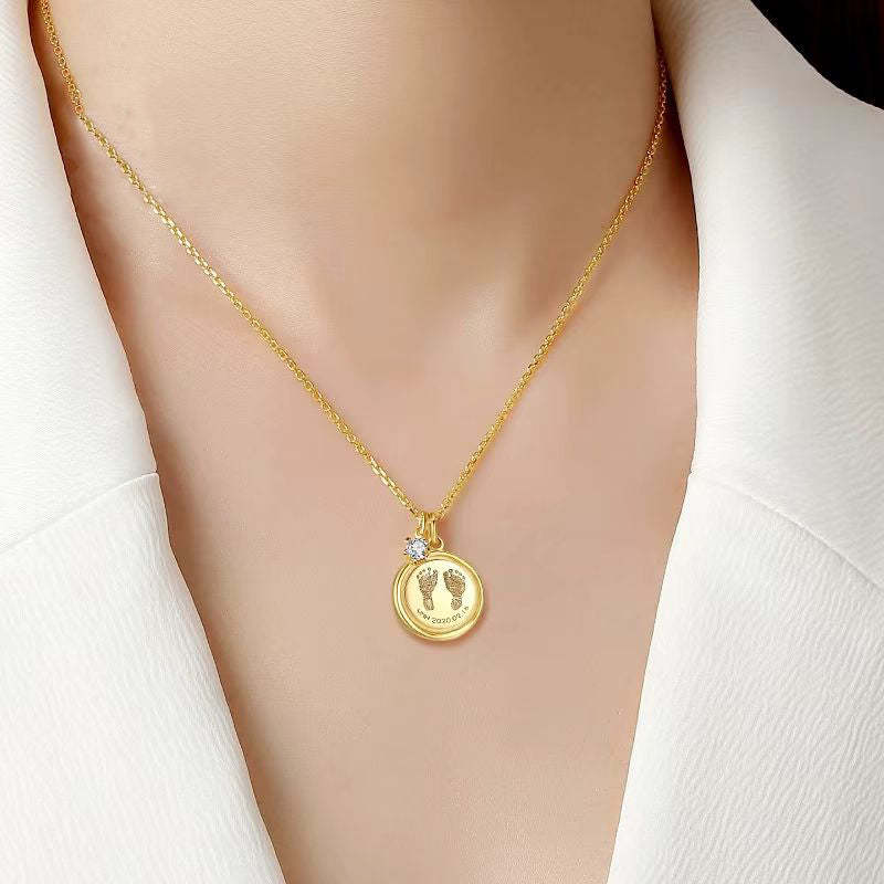 Custom Engraved 14K Gold Baby Footprint Necklace - Available in 925 Silver, 14K Yellow, Rose, and White Gold, Perfect for New Parents