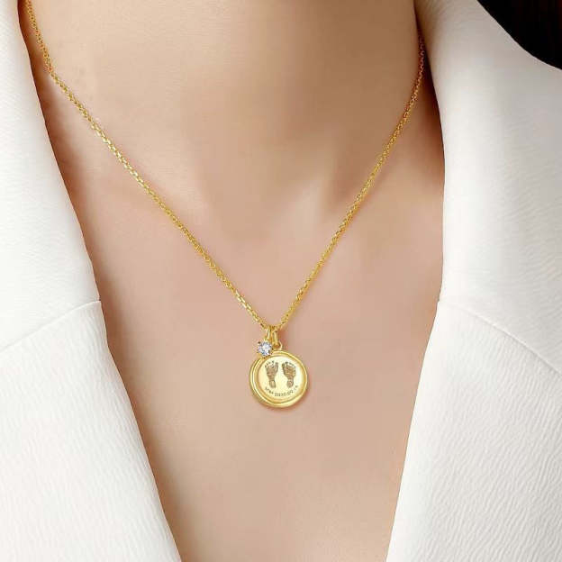 Custom Engraved 14K Gold Baby Footprint Necklace - Available in 925 Silver, 14K Yellow, Rose, and White Gold, Perfect for New Parents