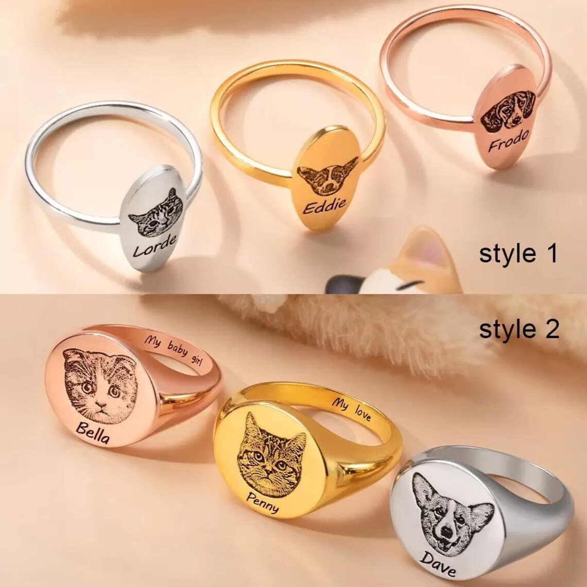 Custom Engraved Pet Portrait Ring – Personalized with Name and Image – Unique Gift for Pet Lovers