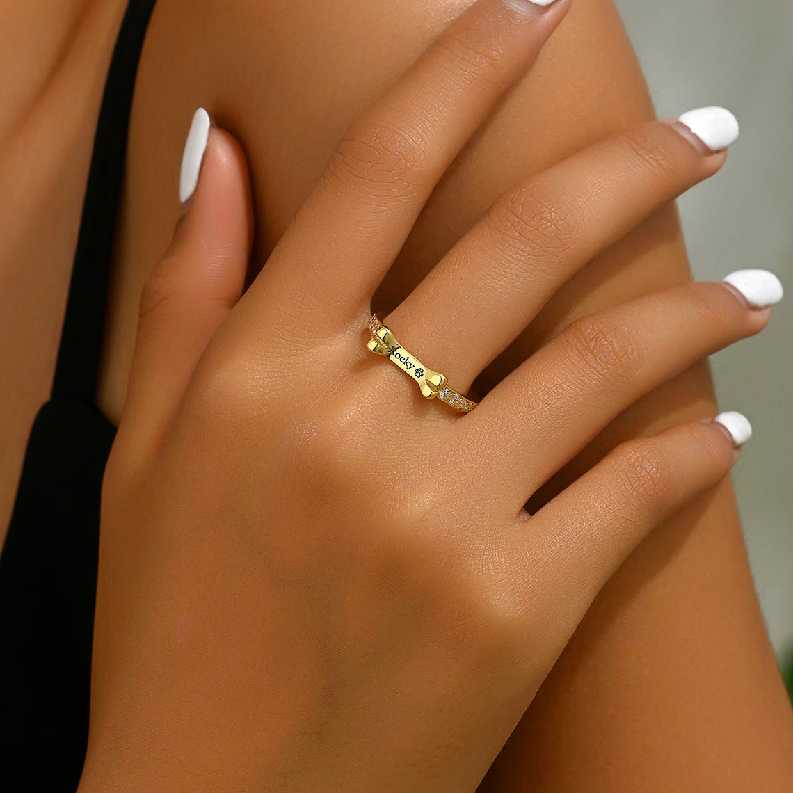 Custom Gold-Tone Dog Bone Ring - Personalized with Your Pet's Name. #PetNameRing #DogBoneRing #GoldToneJewelry