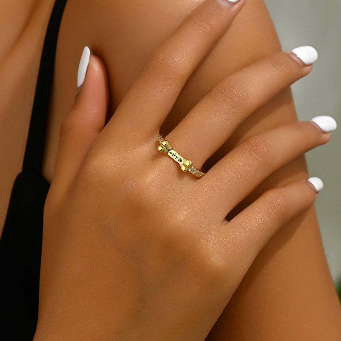 Custom Gold-Tone Dog Bone Ring - Personalized with Your Pet's Name. #PetNameRing #DogBoneRing #GoldToneJewelry